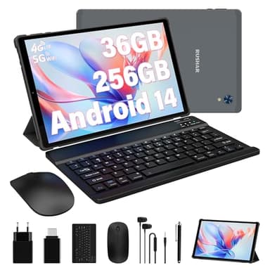 RUSHAR Tablet 10.4 Pollici Android 14 con 36GB RAM+256GB ROM (2TB TF),Tablet 4G LTE/SIM+5G WiFi,Octa-Core,2000 * 1200, 8000mAh,13MP+8MP, Tablet in offerta con Tastiera etc, GPS/Bluetooth, Grigio