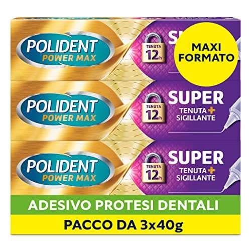 Polident Super Tenuta e Sigillante, Adesivo per Protesi Dentale, 12 Ore di Tenuta Giornaliera, Limita le Infiltrazioni di Cibo, Gusto Neutro, Pacco 3x40g