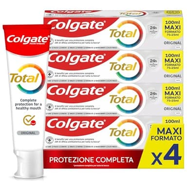 Colgate Dentifricio con Ingredienti Antibatterici Total Original 4 Confezioni da 100 ml I 24h di Protezione di Denti, Lingua, Guance e Gengive I Rimuove la placca I Rafforza e Ripara lo smalto**