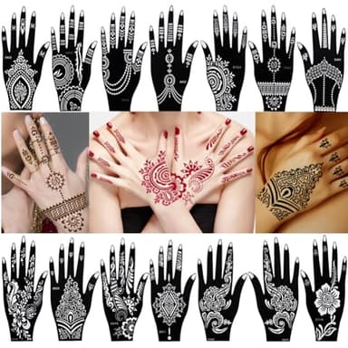 XMASIR 14 Fogli Tatuaggi Temporanei Henné Stampino, Henné Arabi Corpo Mano Dita per Mano Tattoo Stencil Donna o Adult