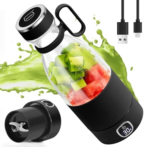 MIAOKE - Frullatore portatile a 6 lame, per succhi di frutta, frullati e frullati, mini frullatore con display a LED, ricaricabile tramite USB, batteria ricaricabile da 3000 mAh, per sport a casa,