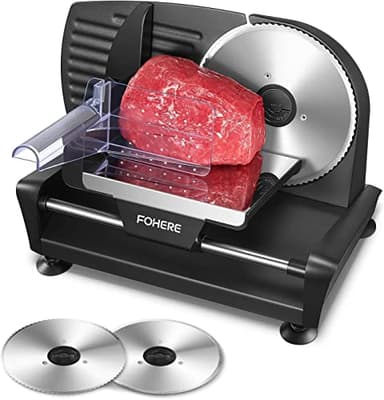 Affettatrice Elettrica da Casa, FOHERE 200W Affettatrice Professionale con 2 Lame in Acciaio Inossidabile, Affettatrice con Spessore Regolabile 0-15 mm per Salumi,Prosciutto e Verdure, Nero