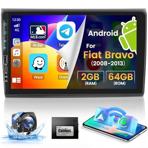 Hikity 2GB+64GB Autoradio Android per Fiat Bravo 2008-2013 Wireless Carplay Android Auto Mirror Link Stereo Auto 2DIN con 9" Schermo GPS WiFi HiFi USB RDS FM Radio Retrocamera