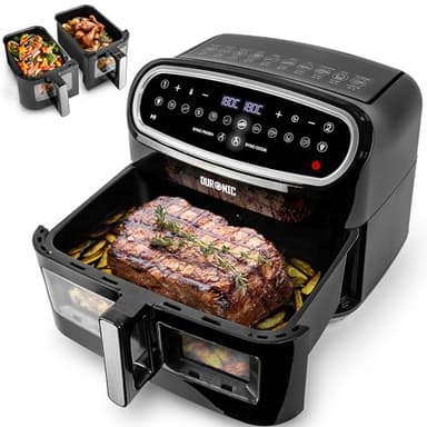 Duronic AF34 BK Friggitrice ad Aria XXL | Air Fryer 2400W Compatta | Doppio Cestello 5L e Grande Cestello 10L | 10 Programmi | Finestra di Controllo | Cottura sincronizzata | Friggitrice no olio