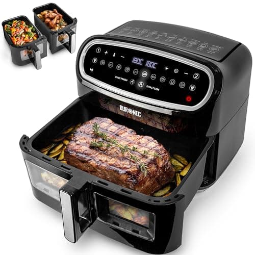 Duronic AF34 BK Friggitrice ad Aria XXL | Air Fryer 2400W Compatta | Doppio Cestello 5L e Grande Cestello 10L | 10 Programmi | Finestra di Controllo | Cottura sincronizzata | Friggitrice no olio