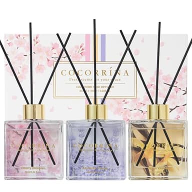 COCORRÍNA Profumatore per Ambienti, 3 Pack/ 90ml Fiori di Ciliegio/Vaniglia Calda/Timo alla Lavanda Diffusore Profumo Ambiente con 24 Bastoncini, per Bagno, Appartamento, Decorazione della Casa