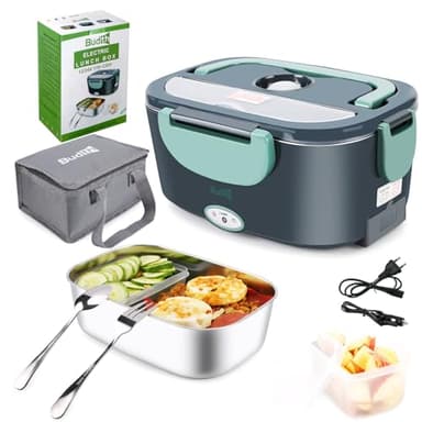 Budth 80W Scaldavivande Elettrico, Scaldavivande Portatile per Auto e Casa, Contenitore Rimovibile in Acciaio Inossidabile 304, Forchetta e Cucchiaio SS e Borsa Per il Trasporto (Grigio+Verde)