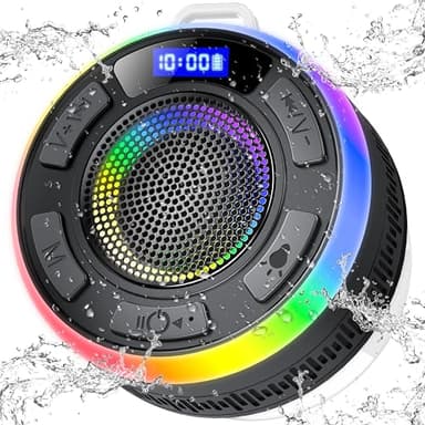 Cassa Bluetooth Doccia, Altoparlante Bluetooth IP7 Impermeabile con Ventosa, 360°Associazione Stereo Cassa Bluetooth Portatile con Luce LED Colorate, 8H Chiamata Senza Mani per Viaggi Doccia Esterno