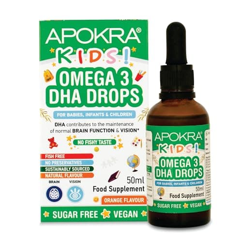Omega 3 Vegan DHA Drops for Kids - 50 ml - Senza conservanti e senza zucchero. Alternativa sostenibile alle alghe all'olio di pesce | APOKRA Kids