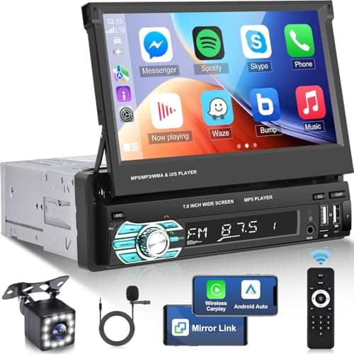 Autoradio 1 Din con Schermo con Senza Fili Carplay e Android Auto - 7 Pollici HD Schermo Tattile Estraibile Radio Bluetooth Auto con Mirror Link FM SWC USB AUX TF + Telecamera di Backup AHD+ Microfono