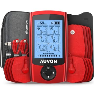 AUVON Elettrostimolatore muscolare con Case in EVA, TENS Elettrostimolatore ricaricabile per il trattamento del dolore con 24 Modalità di allenamento, 2 canali per elettrostimolatore, 12 elettrodi