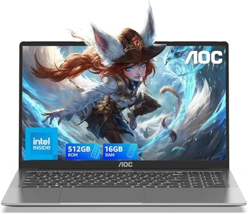 AOC 2025 15.6'' PC Portatile, In-tel Alder Lake-N97 Fino a 3,6 GHz,Notebook Alta Gamma, 16GB RAM 512GB M.2 SSD Laptop Computer Guscio Metallico 2.4G/5G WiFi,BT5.2,USB3,2, HDMI,Tipo C,5000mAh