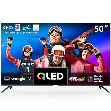 CHiQ Smart TV QLED 50 pollici 4K, Ampio spettro cromatico UHD con HDR, telecomando a controllo vocale, Chromecast integrato, Dolby Audio, DBX-TV, Bluetooth 5.0, Wi-Fi Dual Band, U50QM8E 2023