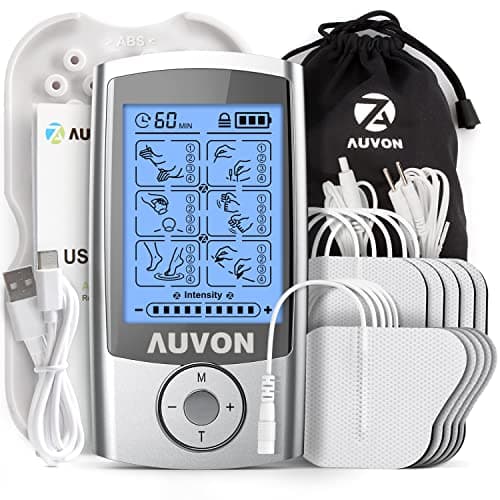 AUVON TENS Professionale Elettrostimolatore Muscolare, Dispositivo di EMS ricaricabile con 24 Modalità, 2 canali e 10 elettrodi di alta qualità da 2"x2", per alleviare dolore su schiena, collo
