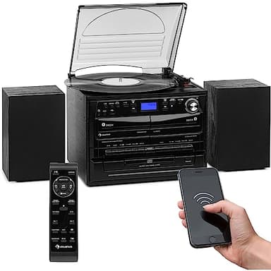 Auna Giradischi Bluetooth per Dischi in Vinile a 3 Velocità di Riproduzione, Vintage, con Casse Stereo, AUX, con Lettore CD e Radio DAB