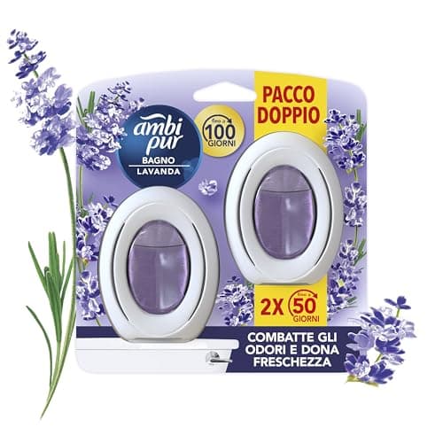 Ambi Pur Bagno Profumatore Per Ambienti, 2 Profumatori Bagno, Fragranza Lavanda, Diffusore Ambiente Con Tecnologia Elimina Odori, Durata Fino A 50 Giorni Per Profumatore