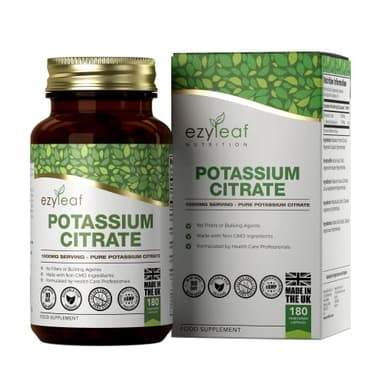 Ezyleaf Potassio Citrato | 180 Capsule Potassio Alta Potenza - 1000 mg Potasio Citrato per Dose | Integratori Potassium | Formula Senza Riempitivi | Vegano, Non-OGM Senza Glutine e Allergeni | UK