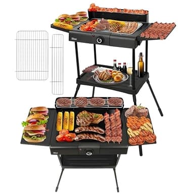 Barbecue elettrico 2 in 1, da tavolo, elettrico, 2.400 Watt, per balconi, esterni e interni, con piedistallo, grande, regolatore di temperatura continuo, barbecue elettrico