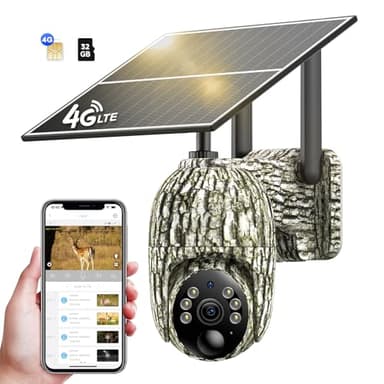 NUASI Fototrappola con SIM, 4G LTE Fotocamera da Caccia con Scheda di memoria, 2K Video Telecamera Esterna con Pannello Solare, Visione Notturna a Colori, Audio a 2 Vie, Rilevamento PIR, IP66, 360°