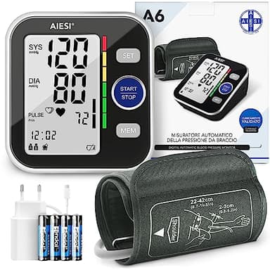 AIESI® Misuratore di Pressione da braccio professionale digitale automatico per adulti A6, 120 memorie, Alimentatore di rete e USB, Garanzia Italia 24 mesi