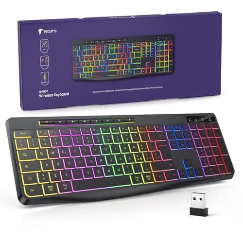 TECURS Tastiera Wireless Gaming Tastiera Italiana Pc Silenziosa Con Controllo Multimediale Retroilluminato, Ricaricabile Tastiera USB Ergonomica, Anti-ghosting da 2,4 GHz per Windows, Mac, PC