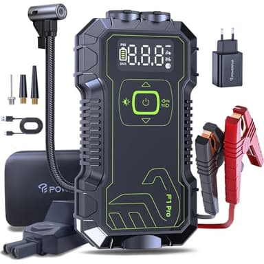 POWERFAR Booster Avviamento Auto 4-in-1, Avviatore 5000A Picco + Compressore D'aria 160PSI - Compatibile con Auto 12V Jump Starter Portatile Benzina(10L)/Diesel(9L) QC3.0 USB & LED 400 Lumen.