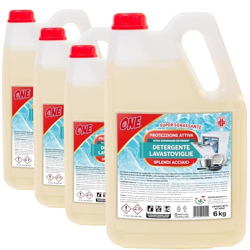 ONE - 20 Litri di DETERGENTE PER LAVASTOVIGLIE ULTRA Garantisce perfetta pulizia e brillantezza di vetro, acciaio e piatti (Pacco con 4 x taniche da 5 lt ciascuna) - Protezione Attiva Super Sgrassante