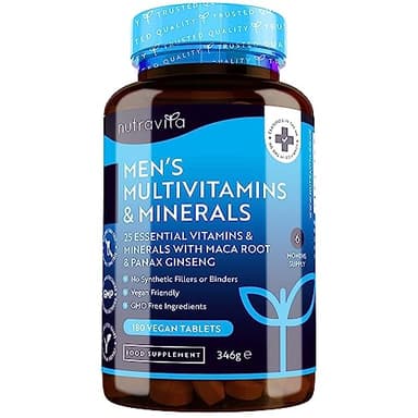 Multivitaminico e Multiminerale uomo - 25 vitamine e minerali attivi essenziali tra cui radice di maca e panax ginseng - 180 compresse vegane - senza riempitivi o leganti sintetici – Nutravita