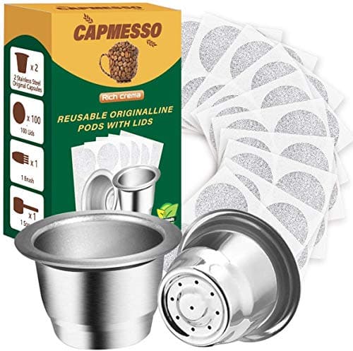 CAPMESSO Capsule per espresso riutilizzabili Capsule per caffè riutilizzabili capsula in acciaio inossidabile Compatibile con la linea Nespresso Original (2 capsule contenitore + 100 coperture)