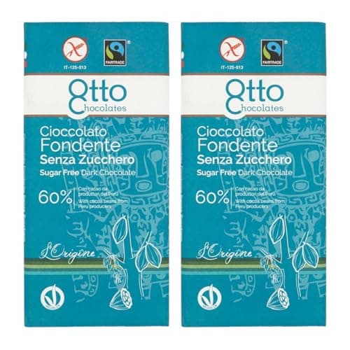 Cioccolato Fondente SENZA ZUCCHERO aggiunto, 100 gr x 2 pezzi - Otto Chocolates - Cacao 60% minimo - con cacao da produttori del Perù