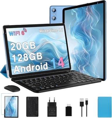 Biegedy Tablet 10 Pollici Android 14 Tablet 20GB RAM+128GB ROM (1TB TF), Tablets 5G/2.4G WiFi 6 Octa-Core, Widevine L1/GMS/Bluetooth 5.0/6000mAh/5+8MP, Tablet 2 in 1 Tastiera+Mouse - Blu