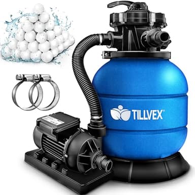 tillvex Pompa Filtro Piscina Portata 7.900L/h + 400g Filtro Balls | 7 funzioni di filtrazione | Adattatore 2in1 Ø32-38mm con indicatore di pressione | Filtro a sabbia per piscine (Blu)