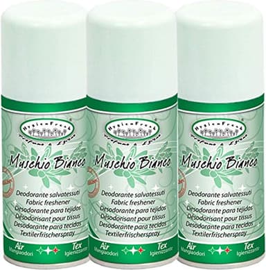 HygienFresh Muschio Bianco - Spray Deodorante Professionale Tessuti Ambiente Auto Cassetti Igienizzante Scarpe Armadio Profumo Hotel Palestra Accessori Lavanderia - 3 Pezzi da 150 ml