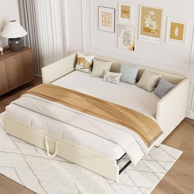 KeepGoon Divano letto estensibile 90/180 x 200 cm, letto matrimoniale, letto singolo, letto con rete a doghe, letto giornaliero, tessuto in velluto delicato sulla pelle, beige, Nessun materasso