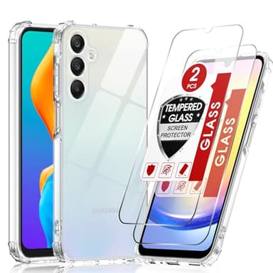 LeYi Cover per Samsung Galaxy A25 5G con 2 Vetro Temperato, Custodia Antiurto Trasparente TPU Bumper Originale Slim Crystal Protettiva Cover per Samsung A 25 5G Silicone Case