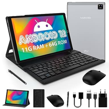 YUMKEM Tablet Android 12 con Tastiera Mouse Custodia Stilo Fascio, 10,1" Tablets PC in Metallo, IPS 1280 HD, Octa-core, 11GB+64GB+1TB Expand, 8MP+5MP, 6000mAh, WiFi/GPS/BT/Stereo, Type-C/Aux, Grigio