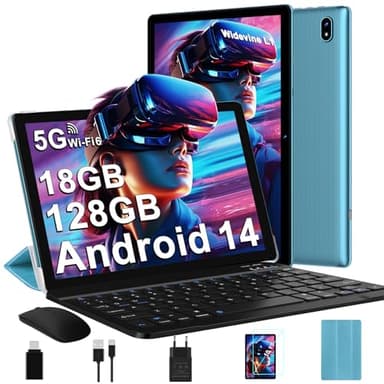 DMOAO Tablet 10 Pollici Android 14 con 18 GB RAM + 128 GB ROM(TF 1TB), FHD Tablet con 5G Wi-Fi 6, Widevine L1, Octa-Core, USB-C, BT 5.0, 6000 mAh, Tastiera + Mouse + Custodia, Blu