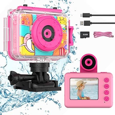 Ushining Fotocamera Impermeabile per Bambini, Macchina Fotografica Bambini Subacquea, HD 1080P Videocamera Bambini con 2,0 Pollici Schermo 32GB TF Scheda, Fotocamera Digitale Bambini Subacquea, Rosa