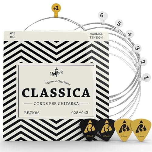 BELFORT® Set di Corde per Chitarra Classica in Nylon (Set da 6) Muta di Corde Chitarra Acustica - 4 Plettri, Corda Mi Extra e eBook Inclusi - Accessori per Chitarre Classiche (Guitar Strings)