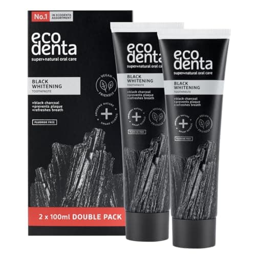 Ecodenta Dentifricio al carbone attivo Denti bianchi senza fluoro 2 confezioni I Dentifricio al carbone nero Sbiancante per denti I Black Activated Charcoal Teeth Whitening Toothpaste 2x 100ml