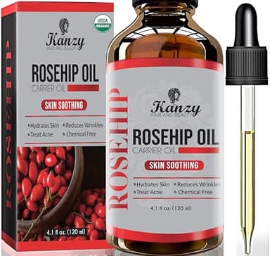 Kanzy Olio di Rosa Mosqueta Puro al 100% Bio 120ml Olio di Rosa Canina Biologico, Spremuto a Freddo, Vegano e Non Raffinato Rosehip Oil per Viso, Corpo, Capelli, Pelle, e Mani