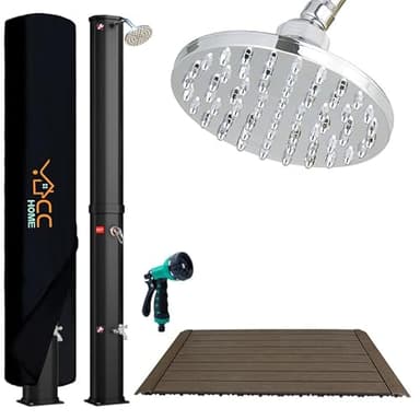 CCLIFE Doccia Solare da Giardino con Pavimento in WPC 40 L, Doccia fotovoltaica/Solare da Esterno con Rubinetto e soffione a Pioggia, con Guscio di Protezione Acqua Calda Fino a 60 °C