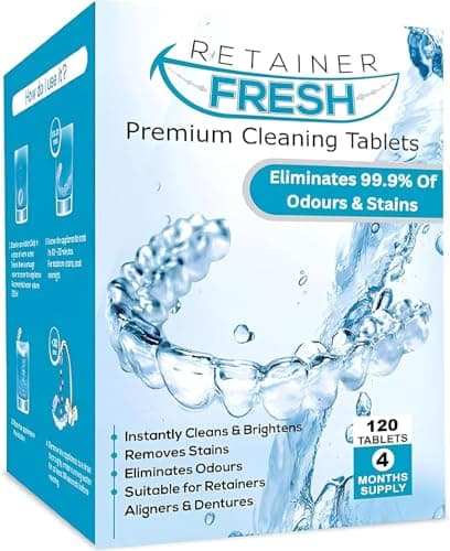 Retainer Fresh Pastiglie detergenti - 120 compresse, pulizia bite, Pulizia dentiere, compresse apparecchi ortodontici, per una luminosa e antimacchia Pulizia Profonda apparecchio