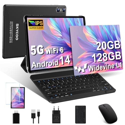 SKYEGG Tablet 10 Pollici Android 14, 20 GB RAM + 128 GB ROM(Espandibile Fino a 1 TB), Octa-Core, 5G Wi-Fi 6, 8MP + 5MP, 6000mAh, GPS, Widevine L1, USB-C Tablet con Tastiera + Mouse + Custodia, Nero