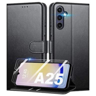 Mofurd Cover per Samsung Galaxy A25 5G Libro in Pelle PU, [con 2 Pezzi Pellicola Vetro Temperato] Custodia Portafoglio Antiurto [Blocco RFID] [Funzione di Supporto] [Slot Schede], Nero