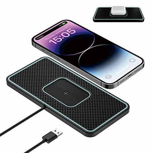 Polmxs Caricatore Wireless Auto Pad, 15W Caricabatteria Wireless Rapido Qi,Tappetino di Ricarica Wireless Antiscivolo,Caricatore Senza Fili Ultra Magro Compatibile per iPhone,AirPods,Samsung e altri