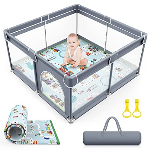 VANCLE Box Bambini con Materasso Morbido, 127x127x68cm, Recinto Bambini con Tappeto Base, Box Neonato Stabile Griglia (Grigio Elegante)