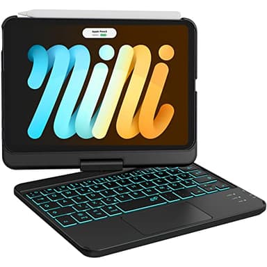 Earto Custodia per iPad Mini 7 con tastiera, Smart Trackpad, 7 colori tastiera retroilluminata, girevole a 360°, compatibile con iPad Mini 7/6 generazione 8,3 pollici, layout QWERTZ, nero