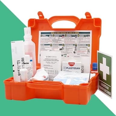 FARMA3 Cassetta pronto soccorso COMPLETA DI CARTELLO PRIMO SOCCORSO conforme DM 388 allegato 2 per aziende fino a 2 lavoratori e mezzi aziendali