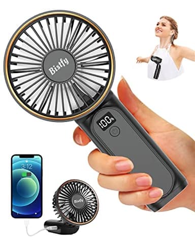 Bistfy Ventilatore Portatile 5200mAh Ultra Silenzioso 6 Velocità USB C Mini Ventilatori da Tavolo con LCD Display, 180° Pieghevole con Cordino come Ventilatore da Collo e Powerbank